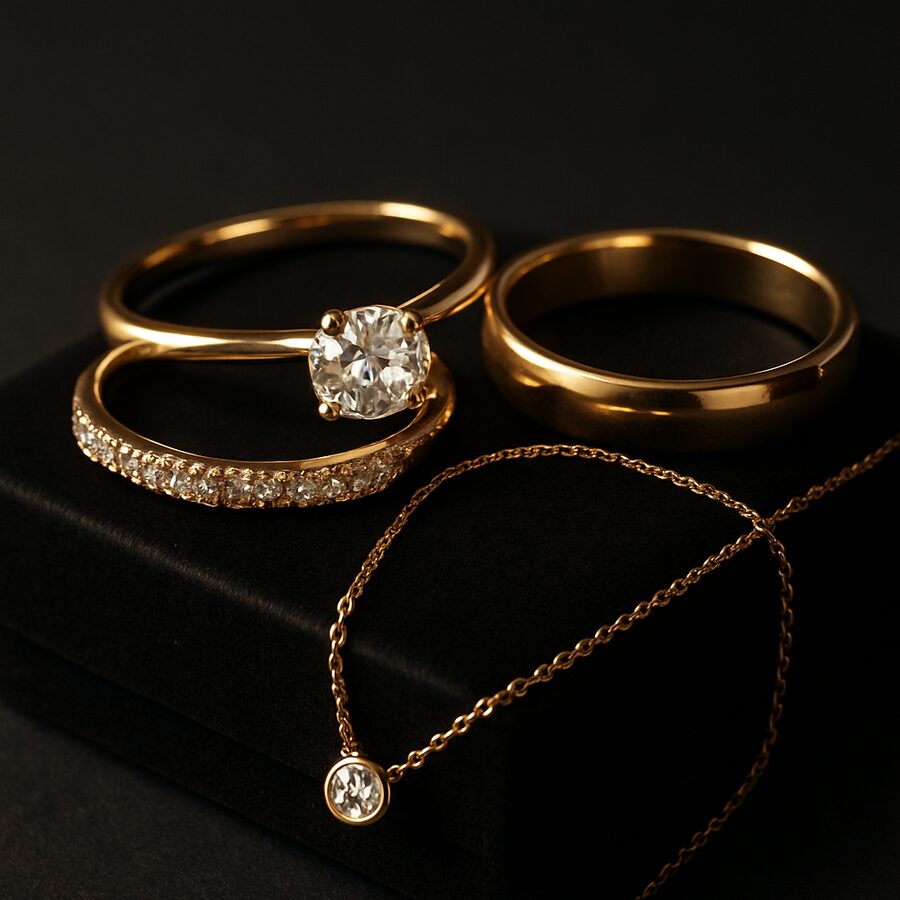 Bagues et collier en or présentés sur un écrin