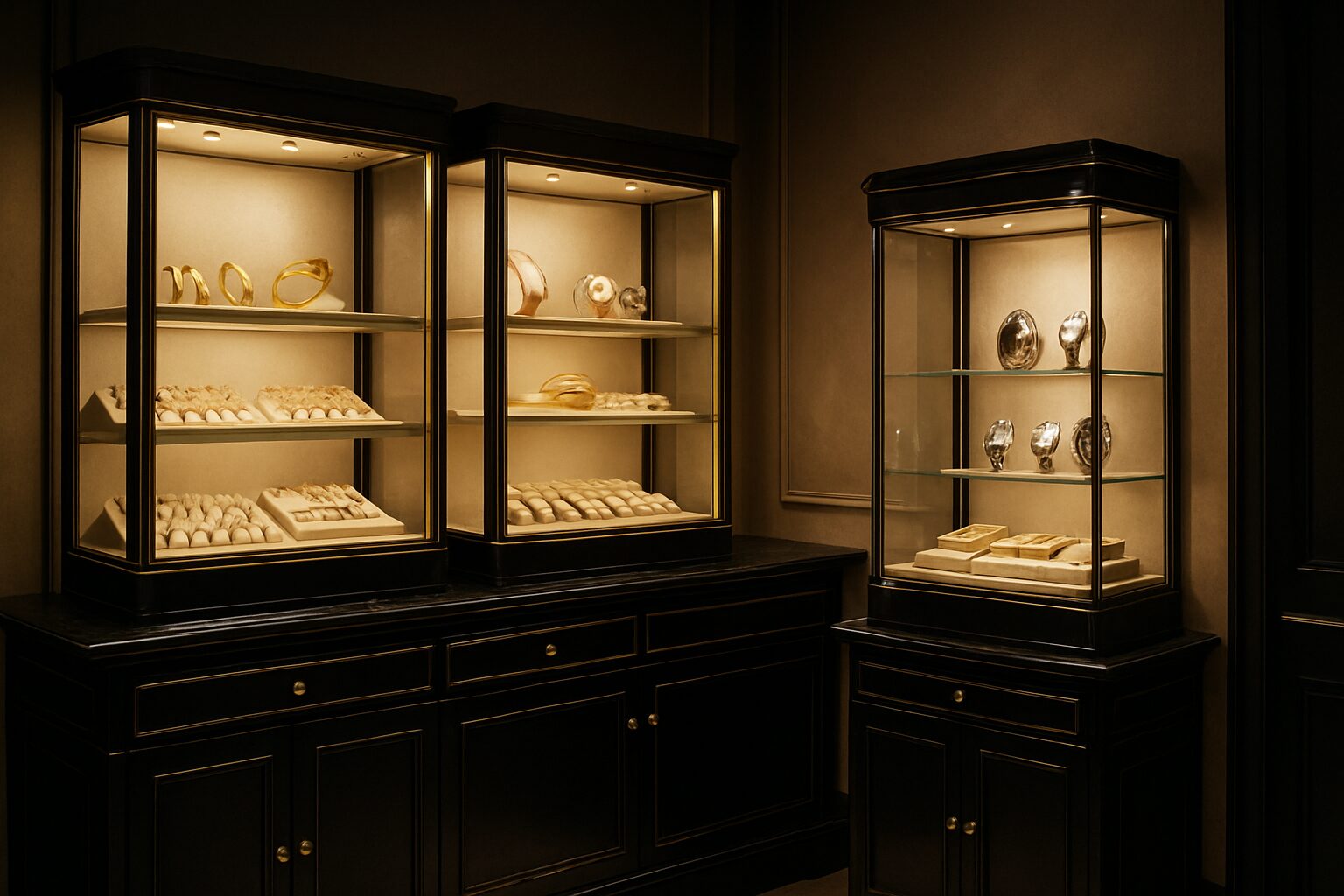 Vitrines illuminées de la bijouterie, bagues et montres