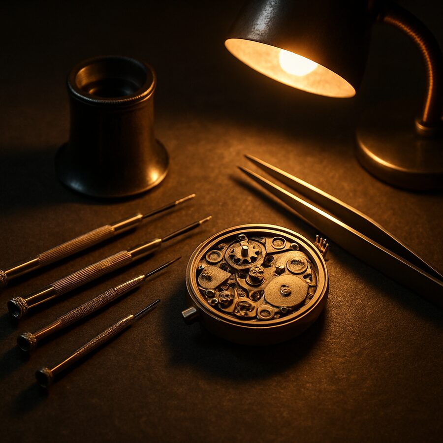 Établi d'horloger avec loupe et mouvement de montre
